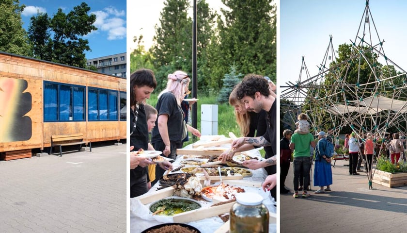 Trzy zdjęciach, z lewej pawilon, w którym odbedzie się wystawa Bazar Bizarre vol. 4, w środku uczta podczas Bazar Bizarre, z prawej jedna z instalacji podczas poprzedniej edycji Bazar Bizarre 