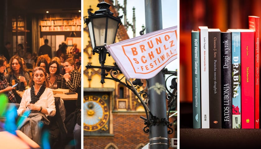 Trzy zdjęcia: z lewej publiczność podczas jednego ze spotkań autorskich w Klubie Proza, w środku flaga festiwalowa, z prawej siedem finałowych książek Nagrody Angelus 2025 