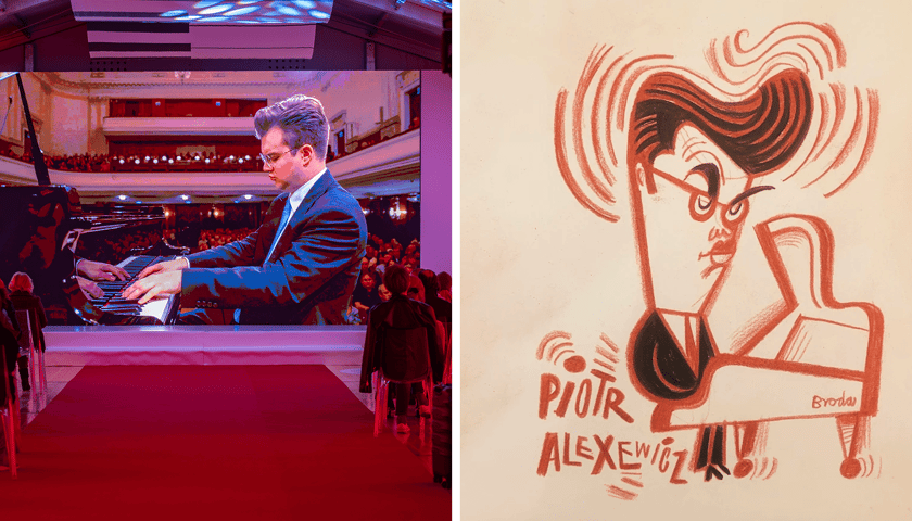 Z lewej: Piotr Alexewicz na zdjęciu, z prawej: karykatura Piotra Alexewicza autorstwa Tomasza Brody