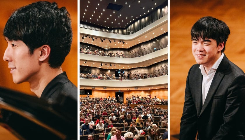 Trzy zdjęcia kolaż, od lewej Eric Lu w Konkursie Chopinowskim, w środku sala główna NFM, z prawej Kevin Chen w Konkursie Chopinowskim