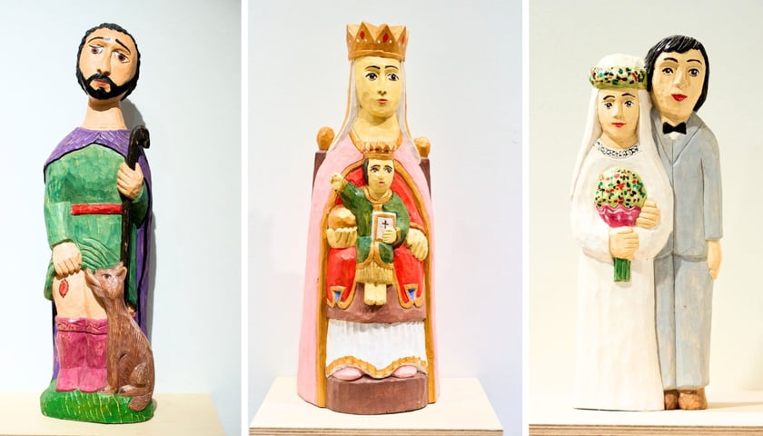 Na trzech zdjęciach rzeźby Jana Giejsona, od lewej św. Roch, Matka Boża Bardzka, małżonkowie