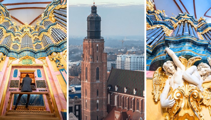 Zdjęcia z lewej i z prawej - organy w bazylice św. Elżbiety, w środku widok na bazylikę św. Elżbiety