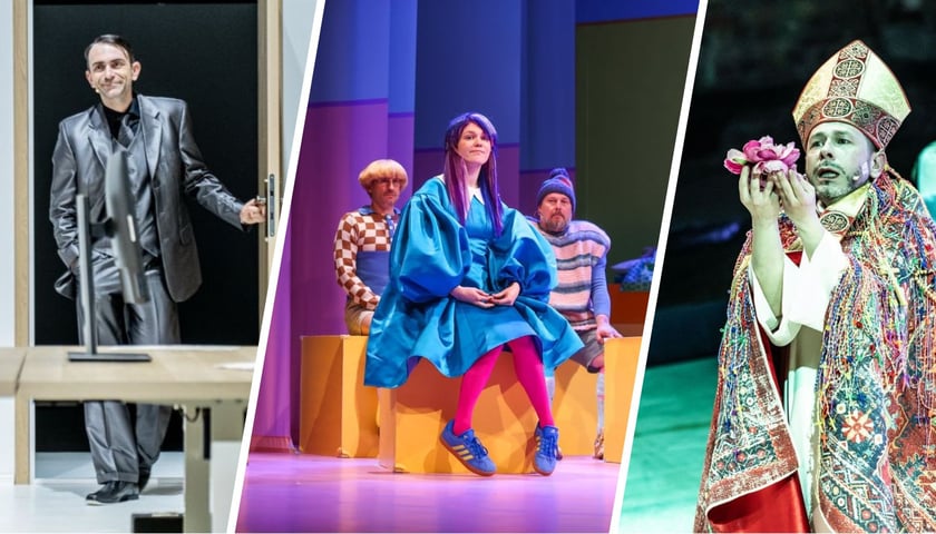 Trzy zdjęcia, od lewej Miłosz Pietruski w „Przemianie” we Wrocławskim Teatrze Współczesnym,  scena ze spektaklu „Zła dziewczynka” w reż. Jakuba Krofty i Marii Wojtyszko, Michał Opaliński w spektaklu „Heksy” Teatru Polskiego w Podziemiu