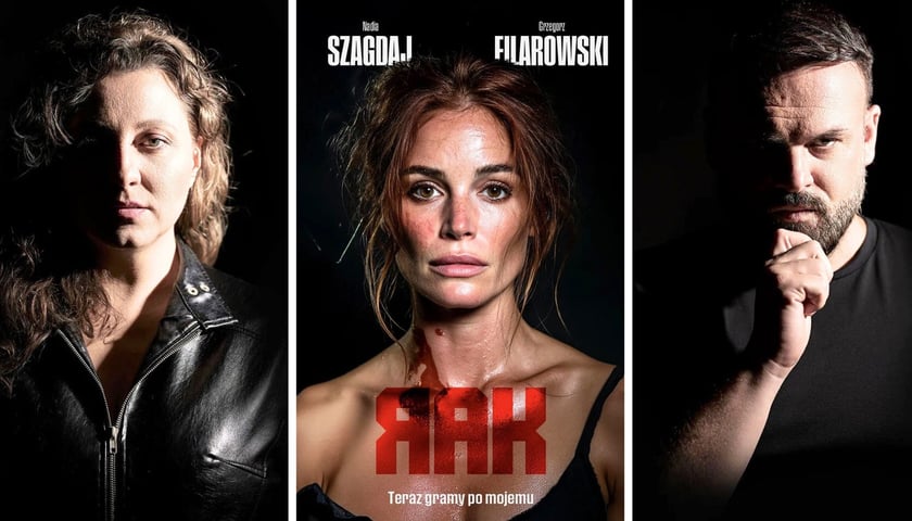 Trzy zdjęcia, z lewej Nadia Szagdaj, z prawej Grzegorz Filarowski, autorzy książki, w środku okładka tomu „Rak. Teraz gramy po mojemu”