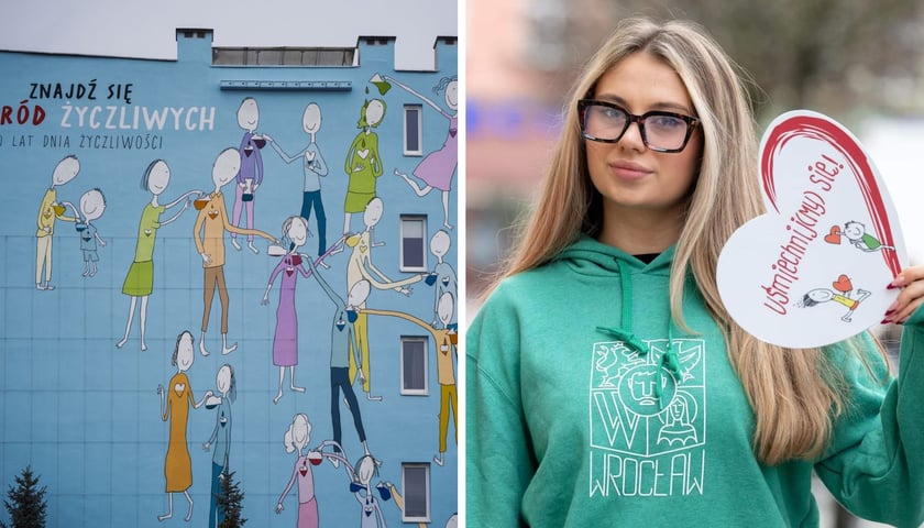 Na zdjęciu z lewej fragment muralu z okazji 20-lecia Dnia Życzliwości według projektu Andrzeja Tylkowskiego, uroczysta inauguracja 21 listopada o 9.30, z prawej kobieta z serduszkiem z napisem „Uśmiechnijmy się” 