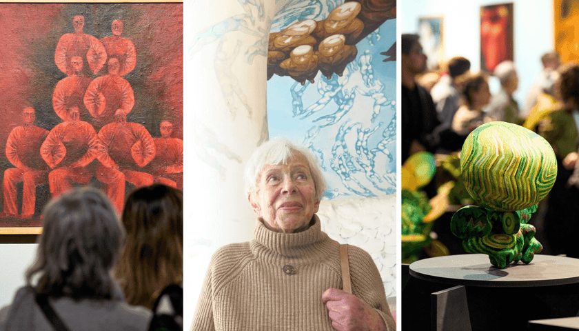 Zestawienie 3 zdjęć: z lewej obraz z wystawy Anny Szpakowskiej-Kujawskiej w Muzeum Architektury, obok artystka przy plafonie w bibliotece w Rynku, z prawej obiekt z wystawy