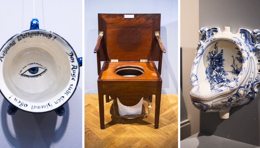 Na trzech zdjęciach eksponaty z wystawy „Gdzie król chodzi piechotą” – z lewej nocnik, w środku fotel toaletowy, z prawej pisuar