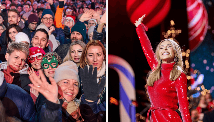 Z lewej publiczność na koncercie "Christmas Party" na pl. Wolności, z prawej Doda na scenie