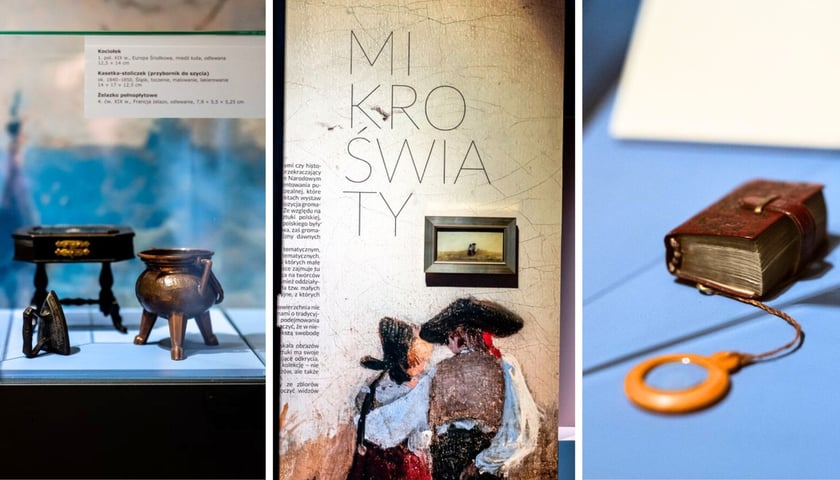 Na zdjęciach z lewej maleńki kociołek, w środku malutki obraz Adolfa Dresslera na początku wystawy, z prawej maciupka książeczka z lupką 