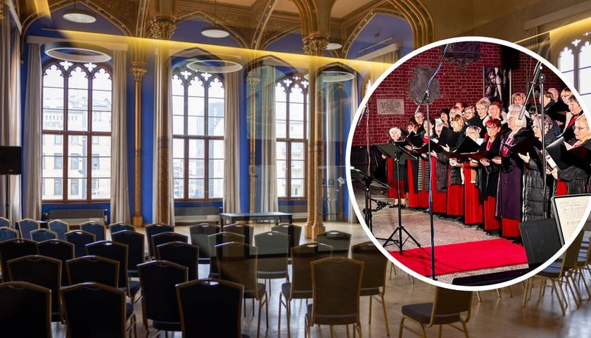 W tle Sala Sesyjna na Dworcu Wrocław Główny, w kółku Wrocławski Chór seniora (zdjęcie archiwalne)