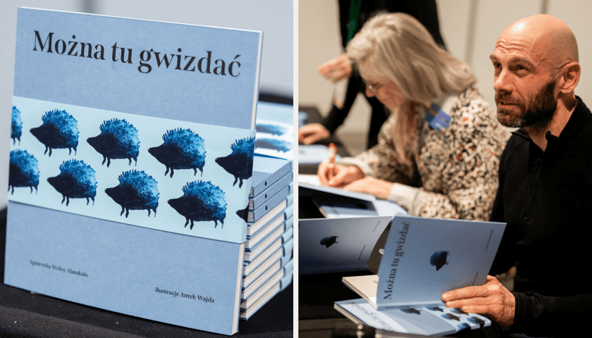 Zestawienie dwóch zdjęć: z lewej okładka książki "Można tu gwizdać", z prawej Antek Wajda i Agnieszka Wolny-Hamkało, autorzy