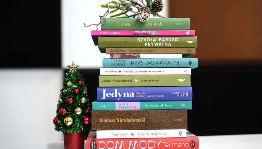 Na zdjęciu piramida z polecanych książek (odwróconych grzbietami), obok stoi choinka