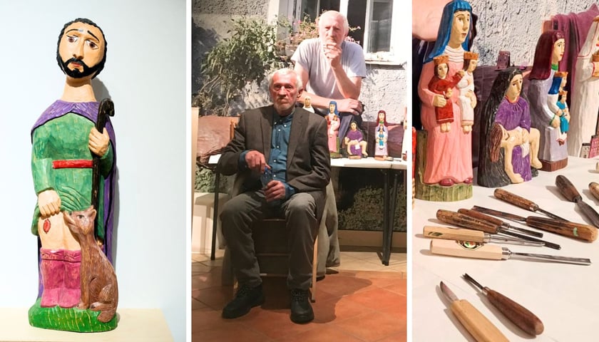 Na zdjęciu z lewej św. Roch, rzeźba Jana Giejsona, w środku Jan Giejson podczas prezentacji rzeźb w Muzeum Etnograficznym, z prawej dłuta i narzędzia rzeźbiarskie Jana Giejsona