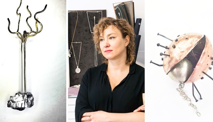 Na zdjęciu w środku Dominika Kuźniar, z prawej i z lewej jej prace z cyklu „Relacje”