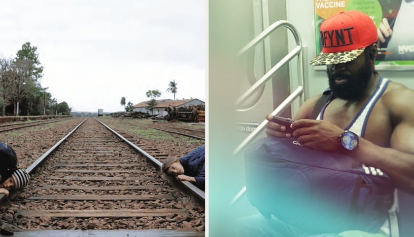 Kolaż dwóch zdjęć. Z lewej: mężczyzna i kobieta nasłuchujący torów kolejowych - kadr z filmu "Argentyńska lekcja". Z prawej: mężczyzna w koszulce na ramiączkach siedzący w metrze - kadr z filmu "21 x Nowy Jork"