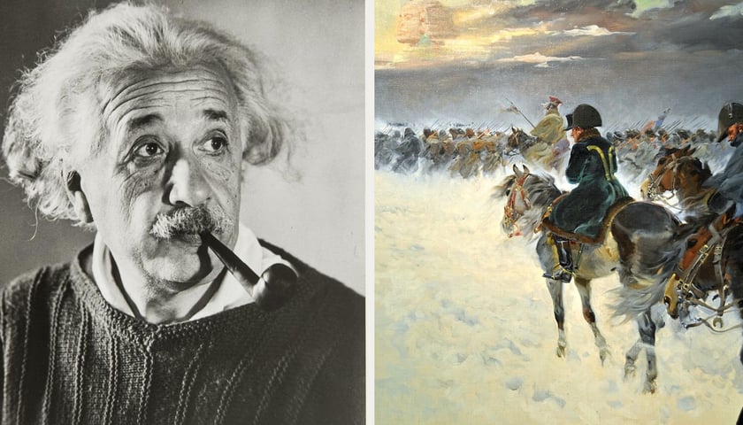 Z lewej: Albert Einstetin, z prawej fragment obrazu Jerzego Kossaka przedstawiający odwrót wojsk napoleońskich spod Moskwy