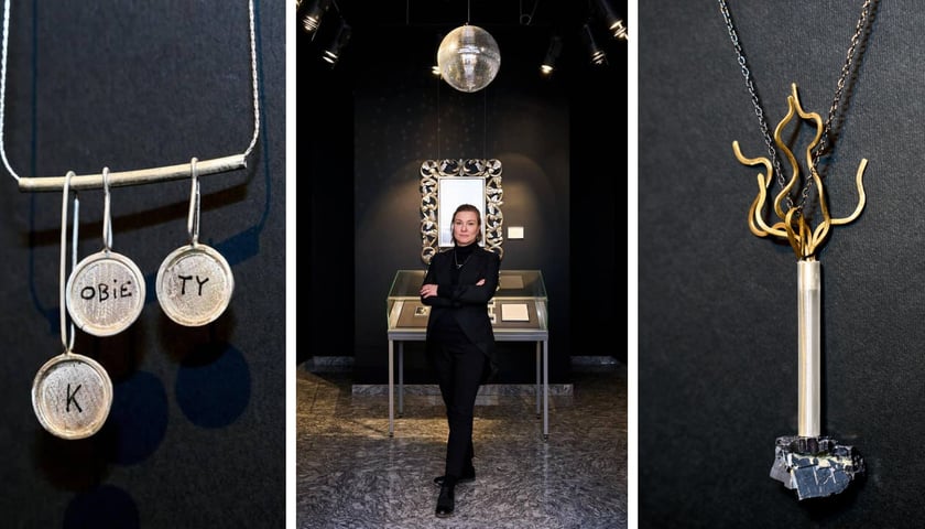 Dominika Kuźniar w swojej pracowni w Niegalerii przy Tęczowej i jej prace. Kolaż trzech zdjęć.