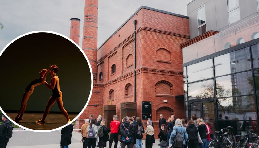W tle: budynek Centrum Sztuk Performatywnych Piekarnia przy ul. Księcia Witolda 62 we Wrocławiu, w kółku: tancerze na scenie, zdjęcie ilustracyjne
