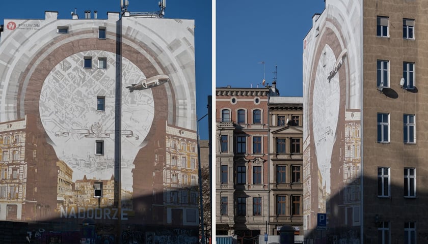 Mural "Brama do Nadodrza" na dwóch ujęciach