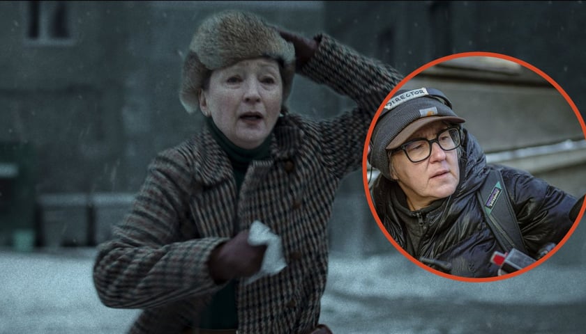 Na zdjęciu dużym Lesley Manville jako profesor Andrews w filmie „Zima pod znakiem Wrony”, na zdjęciu małym w kółku reżyserka Kasia Adamik na planie filmu  