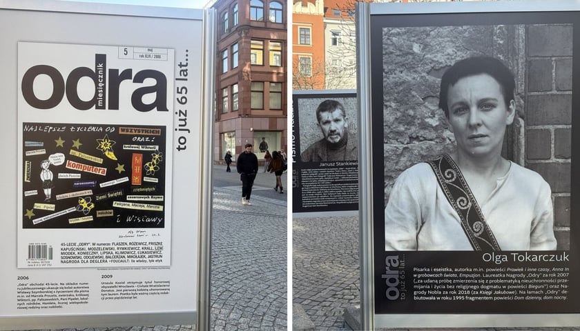 Na zdjęciach wystawa z okazji 65-lecia „Odry”, z lewej tablica z okładką pisma, z prawej zdjęcie Olgi Tokarczuk autorstwa Janusza Stankiewicza