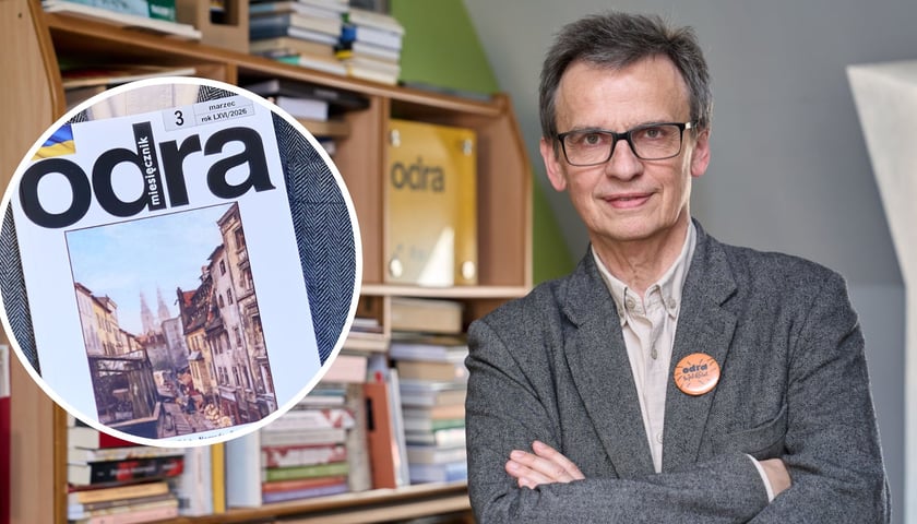 Na zdjęciu dużym Mariusz Urbanek, redaktor naczelny „Odry”, na zdjęciu w kółku jubileuszowy numer „Odry” z marca 2026 wydany na 65-lecie pisma 