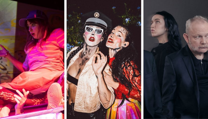 Trzy zdjęcia – od lewej spektakl „Nowy Pan Tadeusz, tylko że rapowy”, w środku CocoRosie, z prawej Paweł Mykietyn i Maja Laura