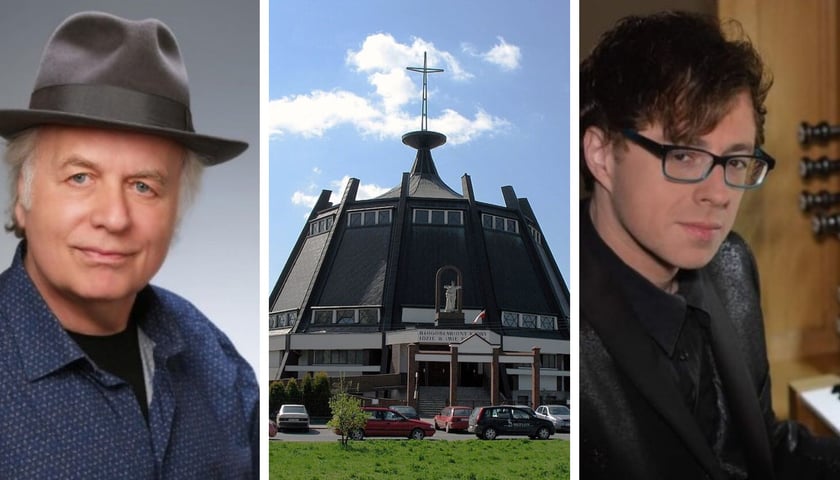 Trzy zdjęcia, z lewej tenor Zdzisław Roman Borkowski, w środku kościół św. Franciszka z Asyżu, z prawej organista Bartosz Patryk Rzyman