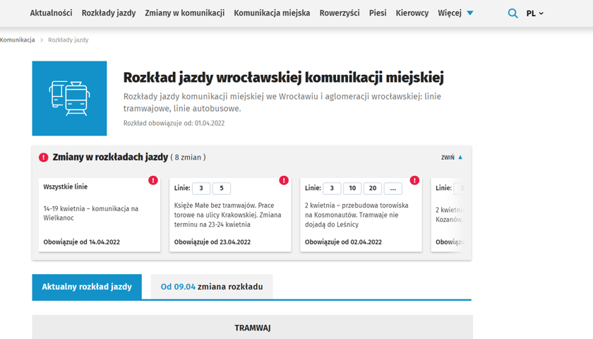 Powiększ obraz: Rozkład jazdy we Wrocławiu - pasek z aktualnościami dotyczącymi zmian w kursowaniu tramwajów i autobusów.