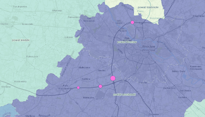 Powiększ obraz: Miejsca w pobliżu Wrocławia, w których dochodzi do największej liczby wypadków
