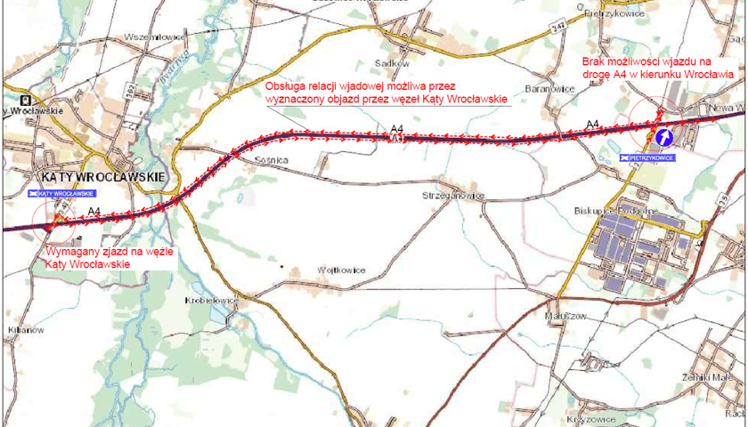 Powiększ obraz: Utrudnienia w ruchu na A4 od 29 do 30 sierpnia 2022, mapa