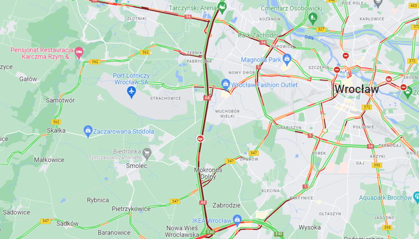 Powiększ obraz: mapa korków we Wrocławiu, godz. 19.13, piatek 7 października 2022