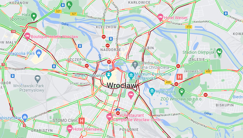 Mapa korków we Wrocławiu, 6 grudnia 2022
