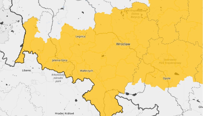 Powiększ obraz: Na zdjęciu mapa przedstawiająca zasięg wydanego przez IMGW ostrzeżenia meteorologicznego. 28.01.2023