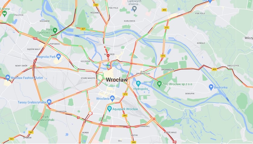 Powiększ obraz: Na mapie widać korki we Wrocławiu - piątek 3 lutego, godz. 8.30