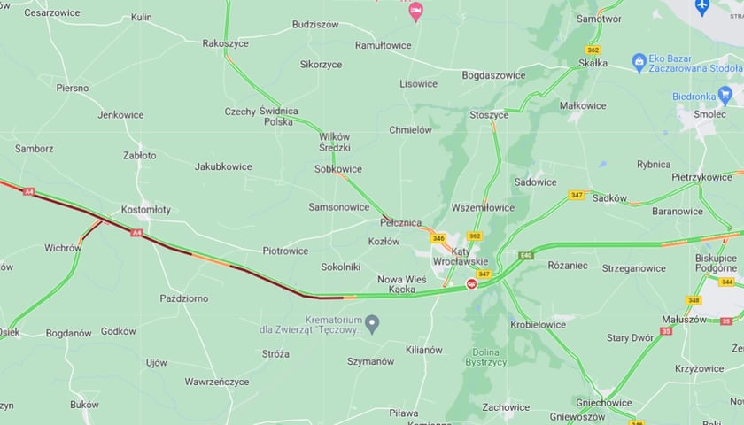 Powiększ obraz: Na mapie widać korki na A4 w stronę Wrocławia - 3 lutego 2023 r.