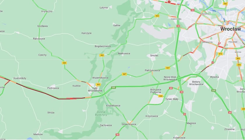 Powiększ obraz: Na mapie korek na A4 w stronę Wrocławia między węzłem Kostomłoty a Kąty Wrocławskie - 2 marca 2023 r.