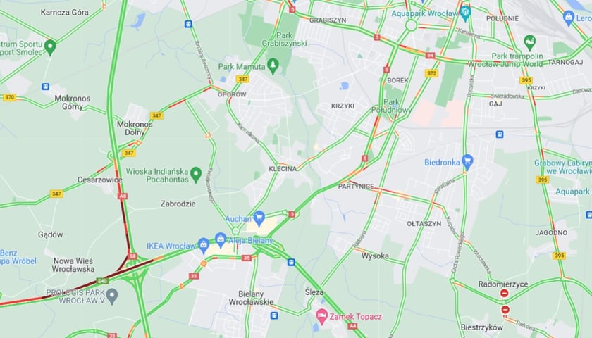 Powiększ obraz: Na mapie widać korek na autostradzie A4 pod Wrocławiem