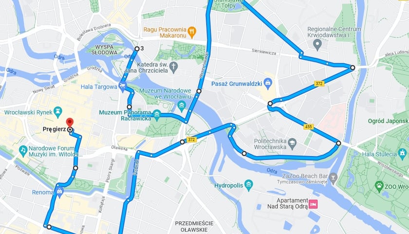 Powiększ obraz: planowana trasa przejazdu Masy Krytycznej przez Wrocław 31 marca 2023