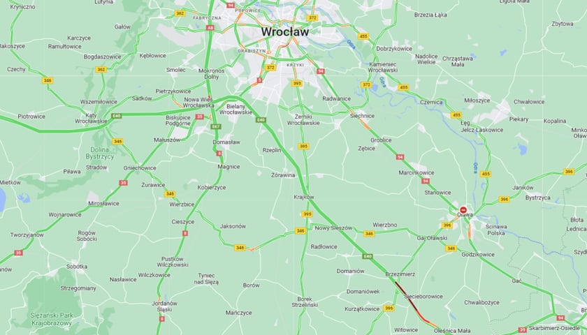 Powiększ obraz: Korki na A4 w kierunku Wrocławia po wypadku dwóch osobówek w miejscowości Brzezimierz