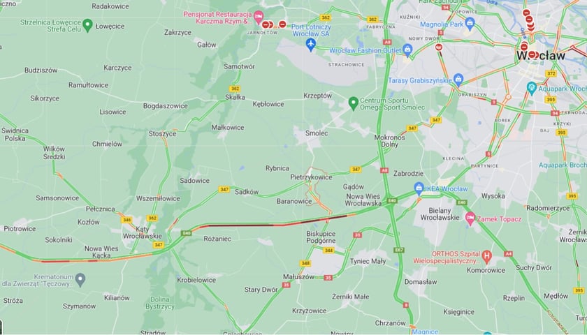 Powiększ obraz: Korek na autostradzie A4 pomiędzy węzłami Pietrzykowice a Wrocław Południe - 10:35 w czwartek 27 lipca