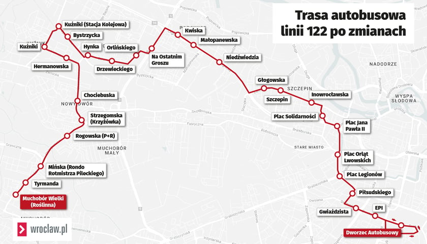 Powiększ obraz: Przebieg trasy autobusu 122 - kliknij aby powiększyć