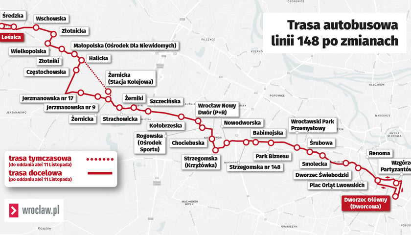 Powiększ obraz: Przebieg trasy autobusu 148 - kliknij aby powiększyć