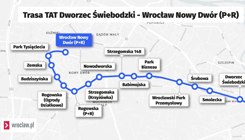 Powiększ obraz: Mapa przedstawia przystanki na trasie na Nowy Dwór od Dworca Świebodzkiego do pętli.