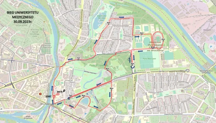 Powiększ obraz: mapka z trasą Biegu Uniwersytetu Medycznego, 30.09.2023