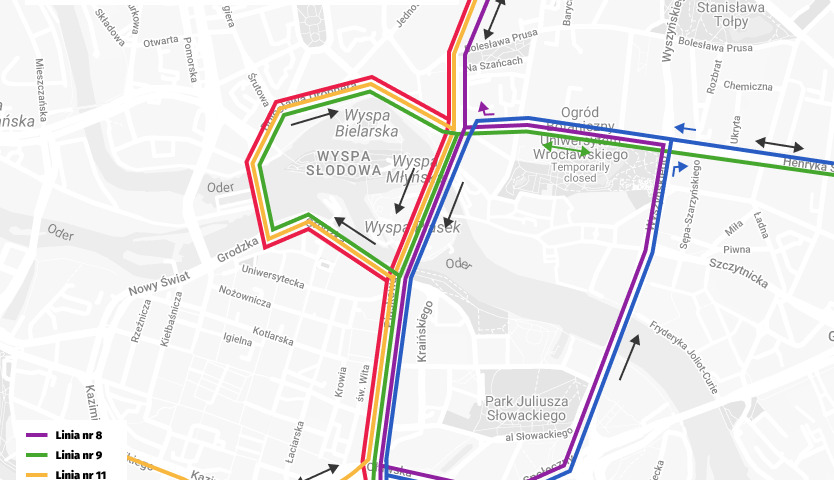 Powiększ obraz: Trasy objazdów tramwajów linii 8, 9, 11, 17 i 23 spowodowanych wymianą zwrotnicy na pl. Bema.