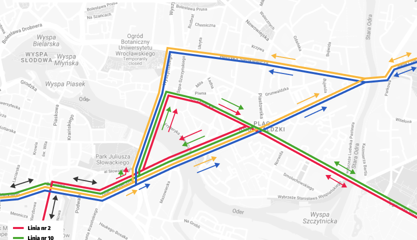 Powiększ obraz: Trasy objazdów tramwajów linii 2, 10, 12 i 13 spowodowanych wymianą zwrotnicy na pl. Grunwaldzkim.