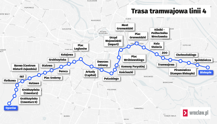 Trasa tramwaju linii numer 4.