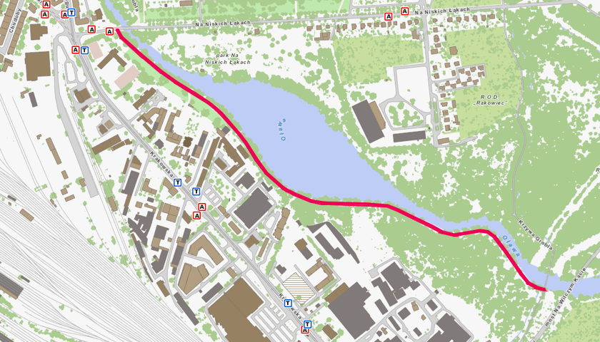Powiększ obraz: Przebieg budowanej trasy pieszo-rowerowej wzdłuż Oławy.