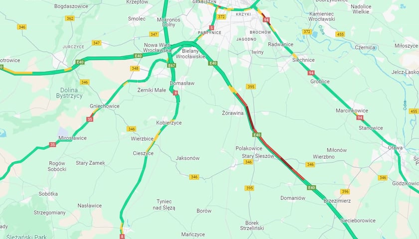 Powiększ obraz: korek na autostradzie A4 pod Wrocławiem, 21.10.2024, godz. 9.00